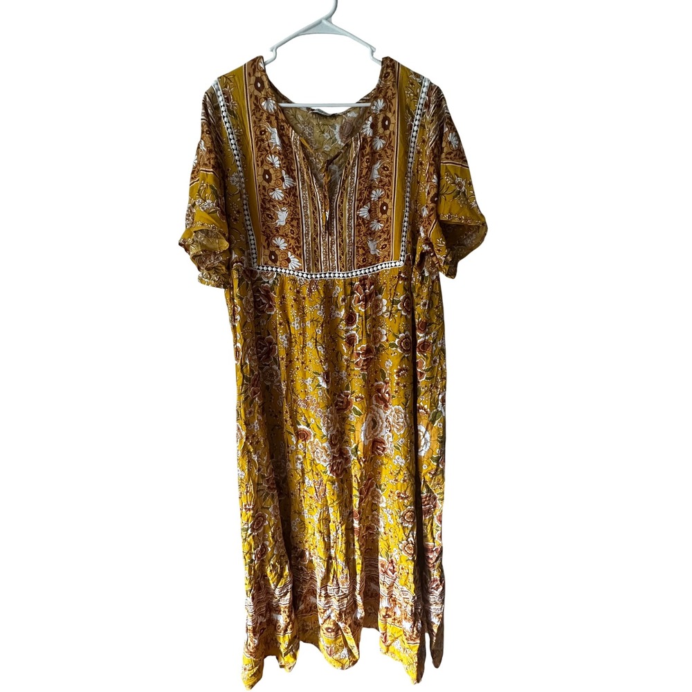 Rusttydustty Mustard Yellow Floral Boho Maxi Dress Plus Size 4XL Crochet Trim